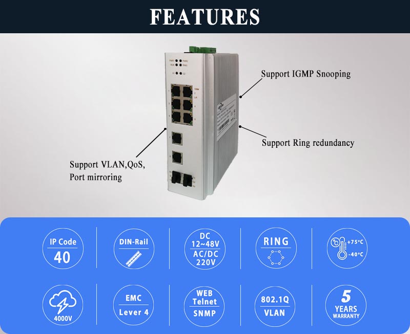 Hereta Industrial 14port Ethernet Gigabit Switch with 8 Ports RJ45 & 4-Port  SFP and 2-Port 10G SFP+ Fiber Optical Switch